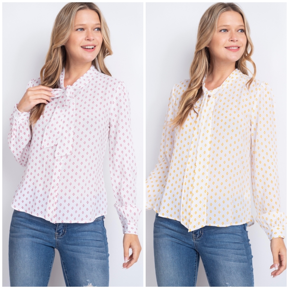 LAST ONE❗HAVE Mustard Long Sleeves Button-Up Bow Necktie Top - Picture 4 of 6